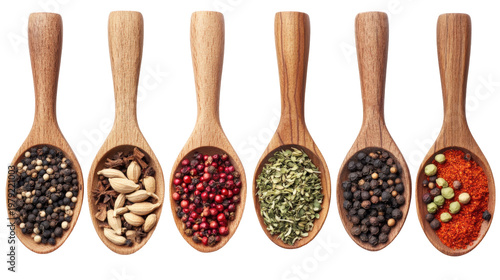Wooden spoons with various spices: black peppercorns, cardamom pods, red peppercorns, dried herbs, black peppercorns, and red pepper flakes.