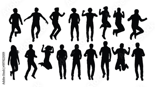 A collection of black silhouette figures depicting people in various dynamic poses including jumping and running high quality professional detailed modern