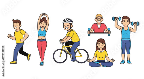 Diverse group of people engaging in various healthy lifestyle activities.