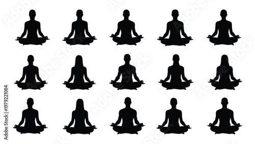 A collection of fifteen black silhouettes depicts people meditating in the lotus position showcasing mindfulness and serenity high quality professional detailed