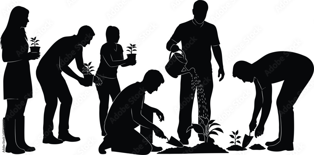 Obraz premium People planting trees and gardening silhouettes set isolated on white background