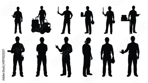 A collection of black silhouette figures depicting various professions including construction workers and individuals with tools high quality professional detailed modern