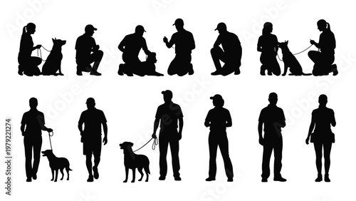 A collection of black silhouette figures depicts people interacting with dogs standing walking and kneeling outdoors high quality professional detailed modern