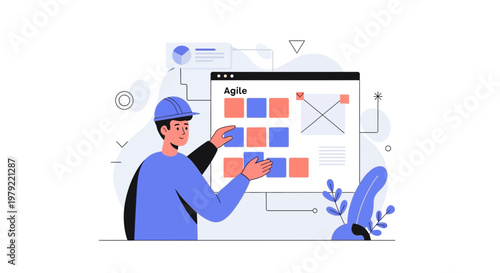 Agile project management concept, team planning tasks on a board, business strategy