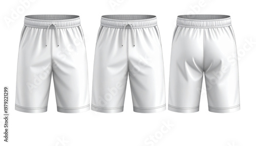 Three views of a white tailored pair of trousers shown from front and sides. Vector