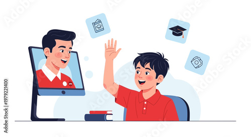 Boy Learning Online From Teacher Via Computer, Raising Hand for Question