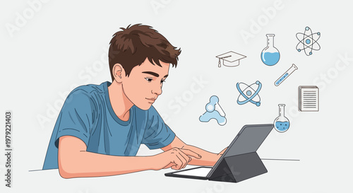 Boy learning science online with tablet, graduation cap, beakers, atoms, molecules