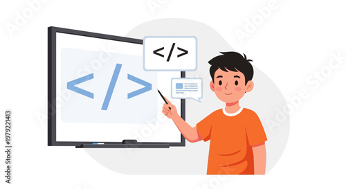 Boy learning to code on whiteboard, programming education concept