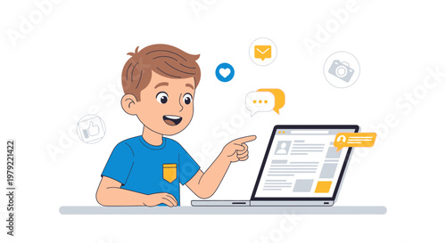 Boy Using Laptop with Social Media Icons and Notifications