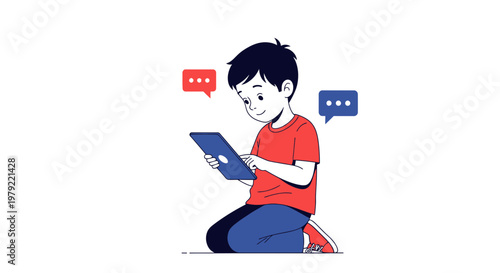Boy using tablet with chat bubbles, concept of online communication and digital connection