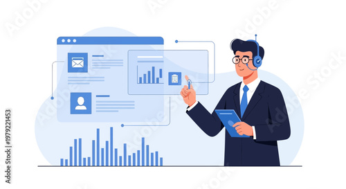 Business analyst interacting with data visualization on a futuristic interface