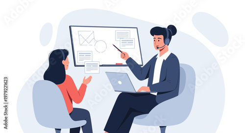 Business meeting: training session with presentation and laptop