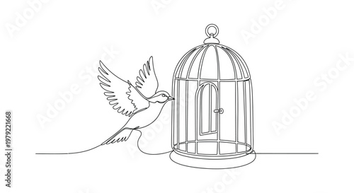 Bird Flying Free from Open Cage in Symbolic Continuous Line Art