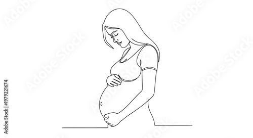 Serene Continuous Line Art Illustration of a Pregnant Woman Embracing Her Belly