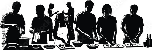 Outdoor BBQ Party Silhouettes – Group of People Grilling and Cooking at Barbecue
