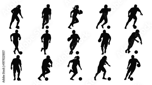 A collection of black silhouette figures depicts a diverse group of athletes playing soccer or football high quality professional detailed modern