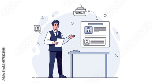 Businessman Comparing Resumes on a Digital Screen for Recruitment