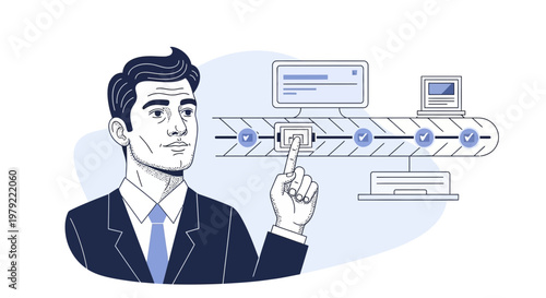 Businessman interacting with a digital workflow on a conveyor belt, technology concept