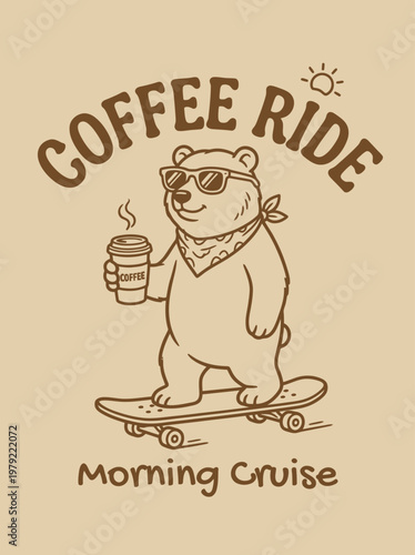 Bear riding skateboard with coffee.