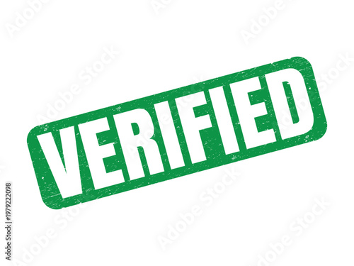 Green rubber stamp with the word Verified printed in white textured letters