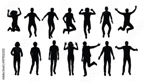 A collection of black silhouettes depicts diverse people jumping and raising their arms in celebratory energetic poses high quality professional detailed