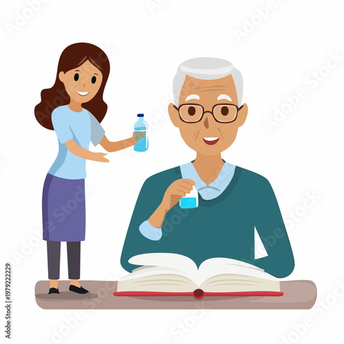 Elderly man reading book while younger woman offers drink with a smiling elderly