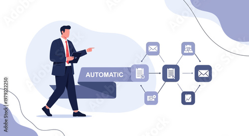 Businessman pointing to automatic workflow icons, business process automation concept