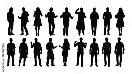 A collection of diverse black silhouettes depicts a group of people in various poses and clothing isolated on white high quality