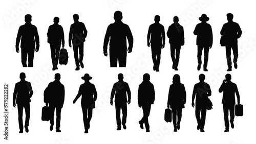 A collection of black silhouettes depicts diverse people walking many carrying briefcases against a plain white background high quality professional detailed
