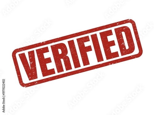 Red textured verified stamp with bold white lettering on a clean white background