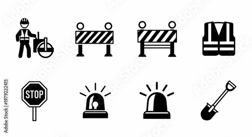 Construction Site Safety Icons Set Worker Barrier Sign Light and Shovel