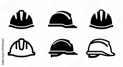 Set of Six Flat Black Construction Hard Hat Icons on White Background