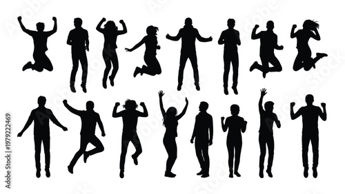 A collection of black silhouettes depicts diverse people jumping and raising their arms in energetic poses against a white background