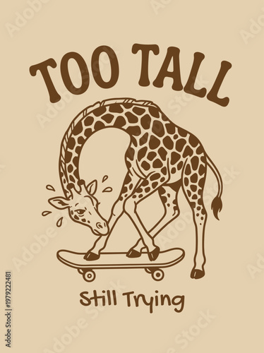 Giraffe on skateboard trying to balance.