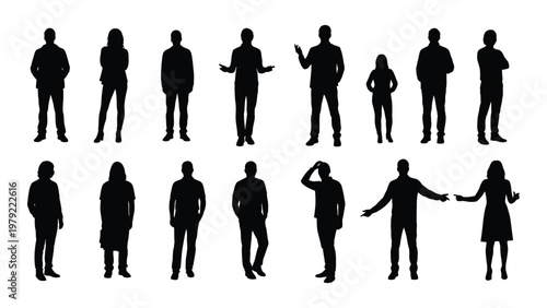 A collection of diverse black silhouettes depicting people in various standing poses against a white background high quality professional detailed modern