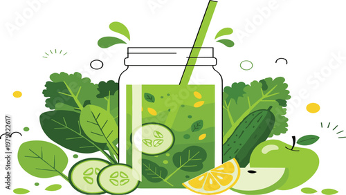 Green Detox Smoothie Jar with Fresh Vegetables and Fruits Including Cucumber Apple Lemon and Leafy Greens for Healthy Nutrition Concept.