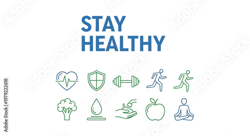 Healthy lifestyle icons on white background.