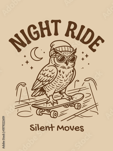 Owl wearing sunglasses on skateboard.