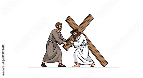 Simon of Cyrene helps Jesus carry the cross.