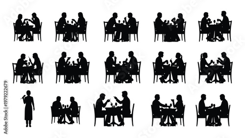 A collection of black silhouette figures seated at tables depicting diverse dining or meeting scenarios high quality professional detailed modern elegant
