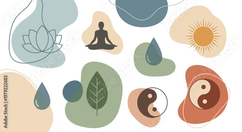 Abstract wellness and spiritual symbols with organic shapes.