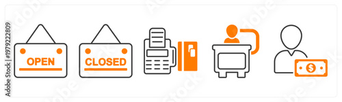 A set of 5 mix icons as open board, closed board, card swipe machine