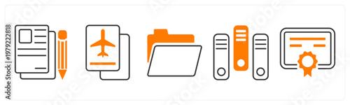 A set of 5 mix icons as article writing, passport, folder