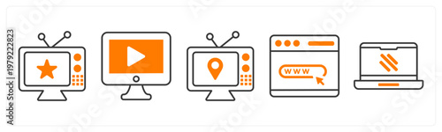 A set of 5 mix icons as television, online video, www