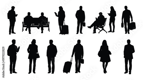 A collection of black silhouette figures depicting people in various everyday stances and with travel accessories high quality professional detailed modern