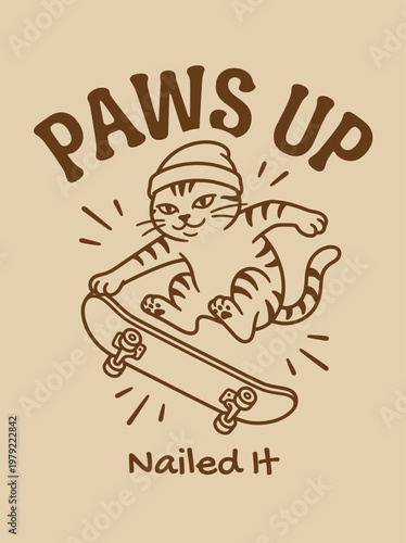 Skateboarding Cat Wearing Beanie Tricks.