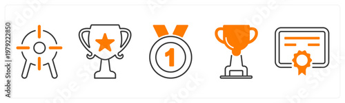 A set of 5 mix icons as dartboard, trophy, medal
