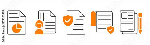 A set of 5 mix icons as report chart, managed document, approved document