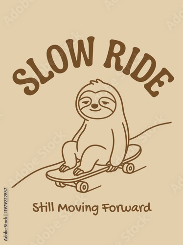 Smiling sloth on a skateboard trick.