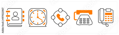 A set of 5 mix icons as contact book, clock, calling